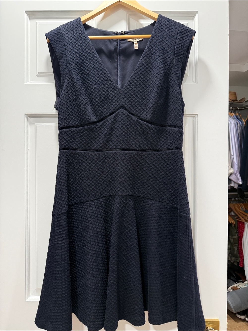 Rebecca Taylor Navy Textured V-Neck Fit-and-Flare Mini Dress